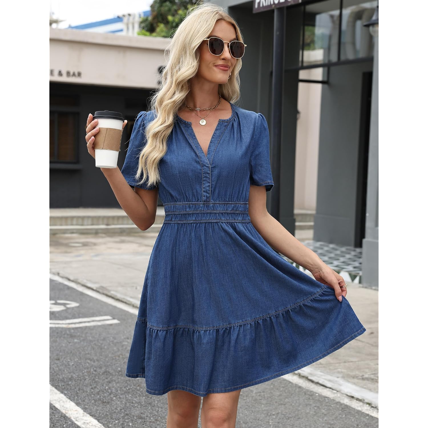 Potili Denim Dress For Women Long Sleeve Tiered A Line Casual Flowy Babydoll Dress Jean Dresses With Pockets 2026