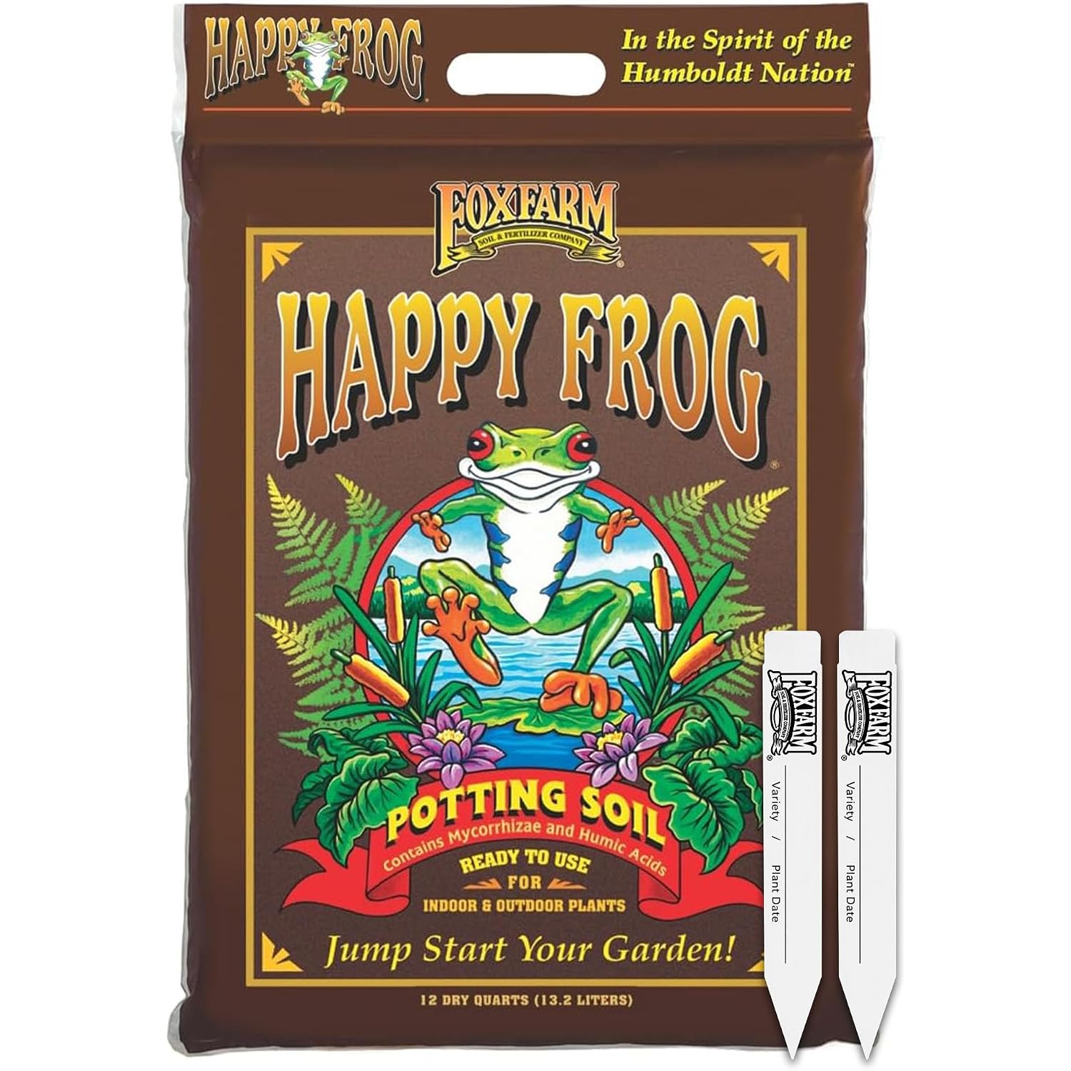 Foxfarm Happy Frog Potting Soil With 2 Plant Tags, 12 Quarts – Ready-To-Use Amended Container Blend With Soil Microbes, Earthworm Castings & Bat Guano – For Indoor & Outdoor Plants