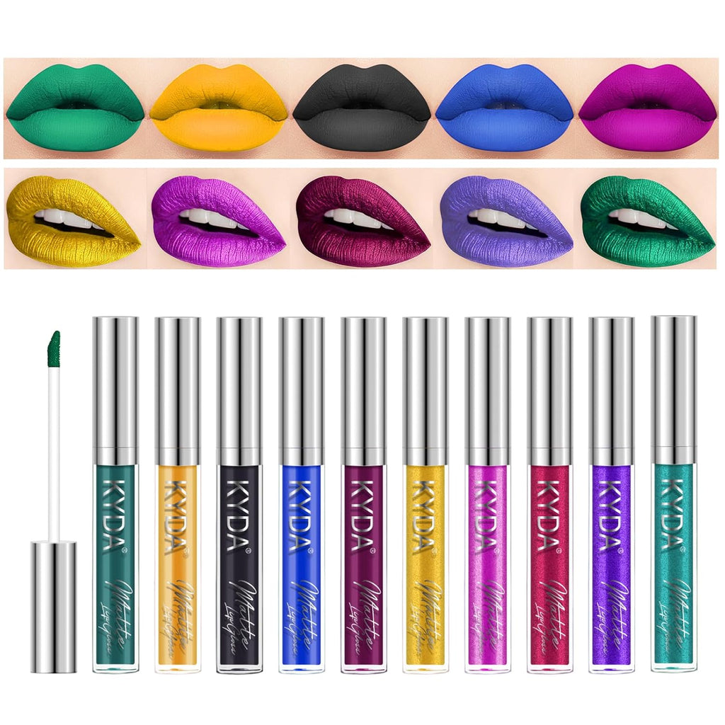 KYDA 10 Colors Matte Metallic Lip Gloss Set, Green Lipstick Metallic Lipstick Set, Non-Stick Cup Long Wear Lip Glaze, High Pigmented Lipstick Cosmetic Gift Kit for Glossy and Full Matte Lip Gloss