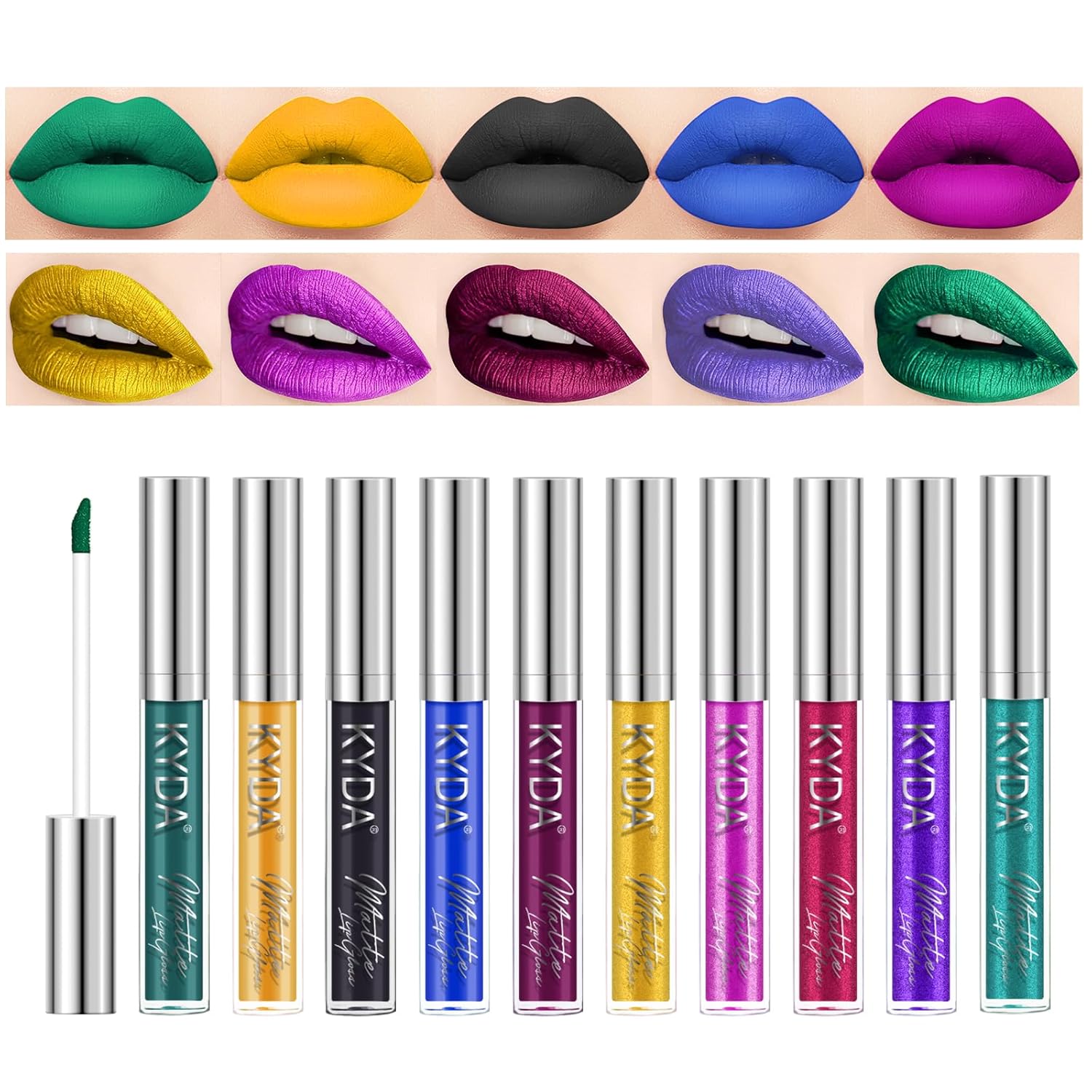 KYDA 10 Colors Matte Metallic Lip Gloss Set, Green Lipstick Metallic Lipstick Set, Non-Stick Cup Long Wear Lip Glaze, High Pigmented Lipstick Cosmetic Gift Kit for Glossy and Full Matte Lip Gloss