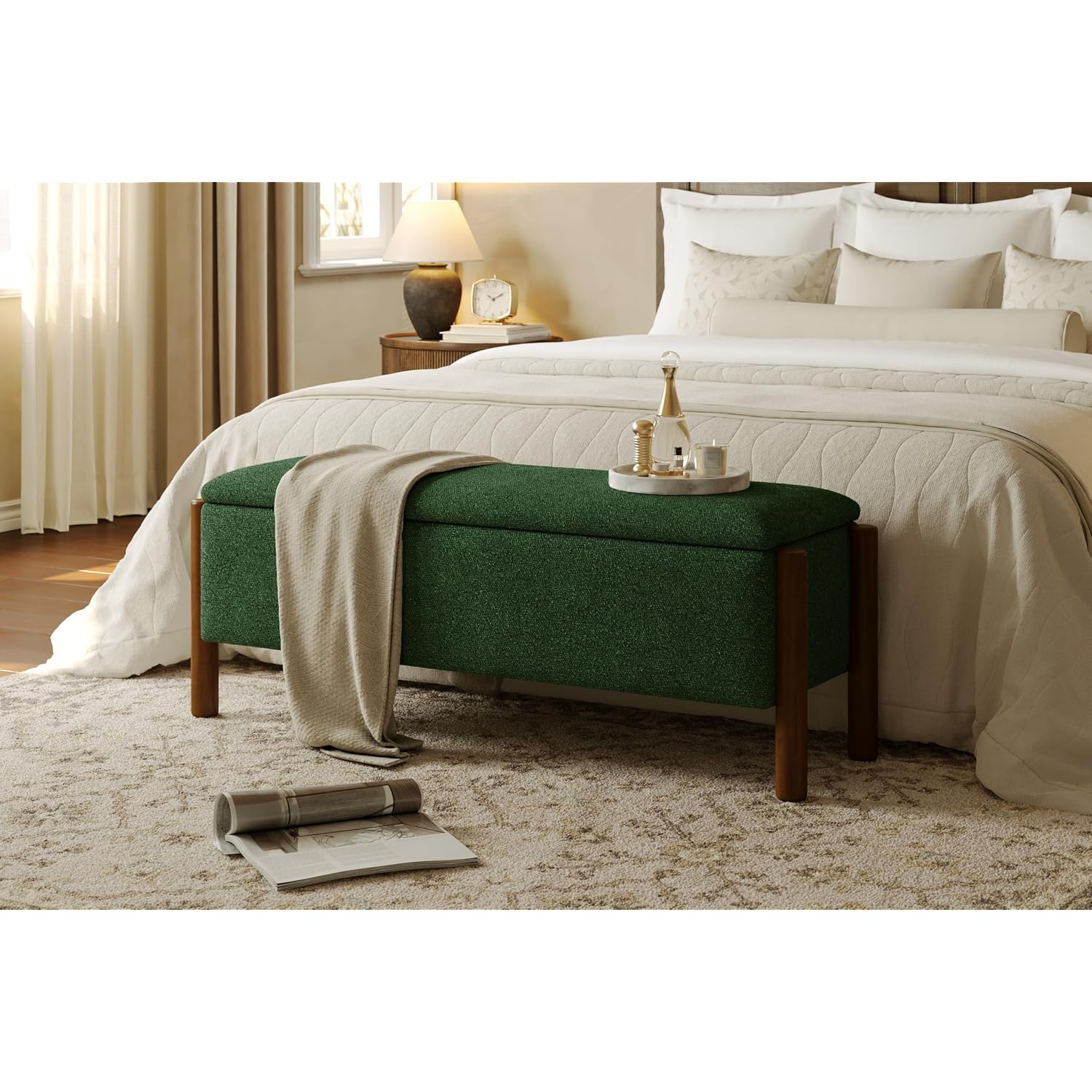 Modern Storage Benches With Walnut Wood Legs, 47'' Ottoman Bench With 20 Gallons Storage Space For Bedroom End Of Bed, Fabric Upholstered Entryway Bench With Seating For Livingroom, Green