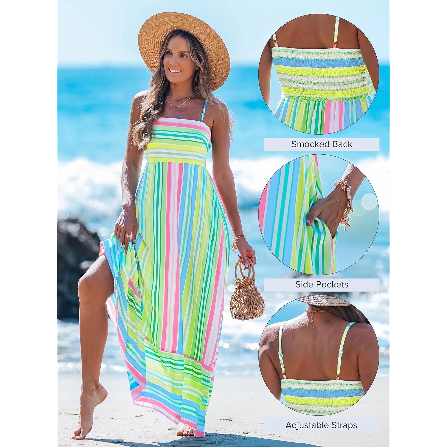 Popvil Women Summer Maxi Dress 2026 Spaghetti Strap Long Beach Dress Boho A-Line Flowy Casual Sleeveless Sun Dress