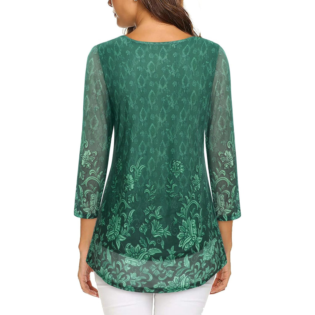 Women's 3/4 Sleeve Tunic Tops Casual Loose Fit Floral Blouses Mesh Pleated Layered Shirt