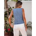 Luvamia Denim Vest For Women Sleeveless Strechy Jean Vest Top Button Down Crewneck Casual Summer Western Waistcoat