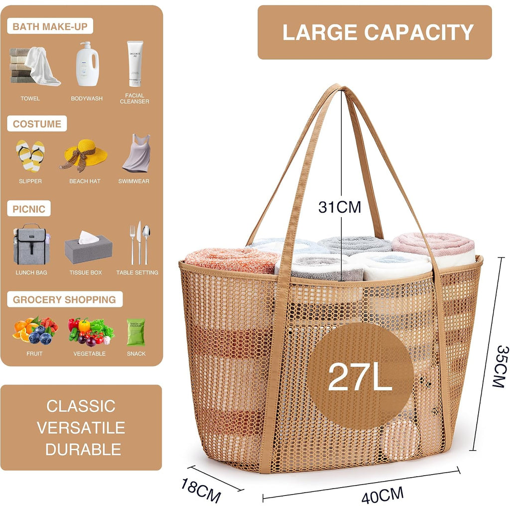 Kalidi Upgrade Version Beach Mesh Tote Bag Max 27L Large Capacity,Shoulder Bag Nylon Hobo Women Casual Foldable Beach Picnic