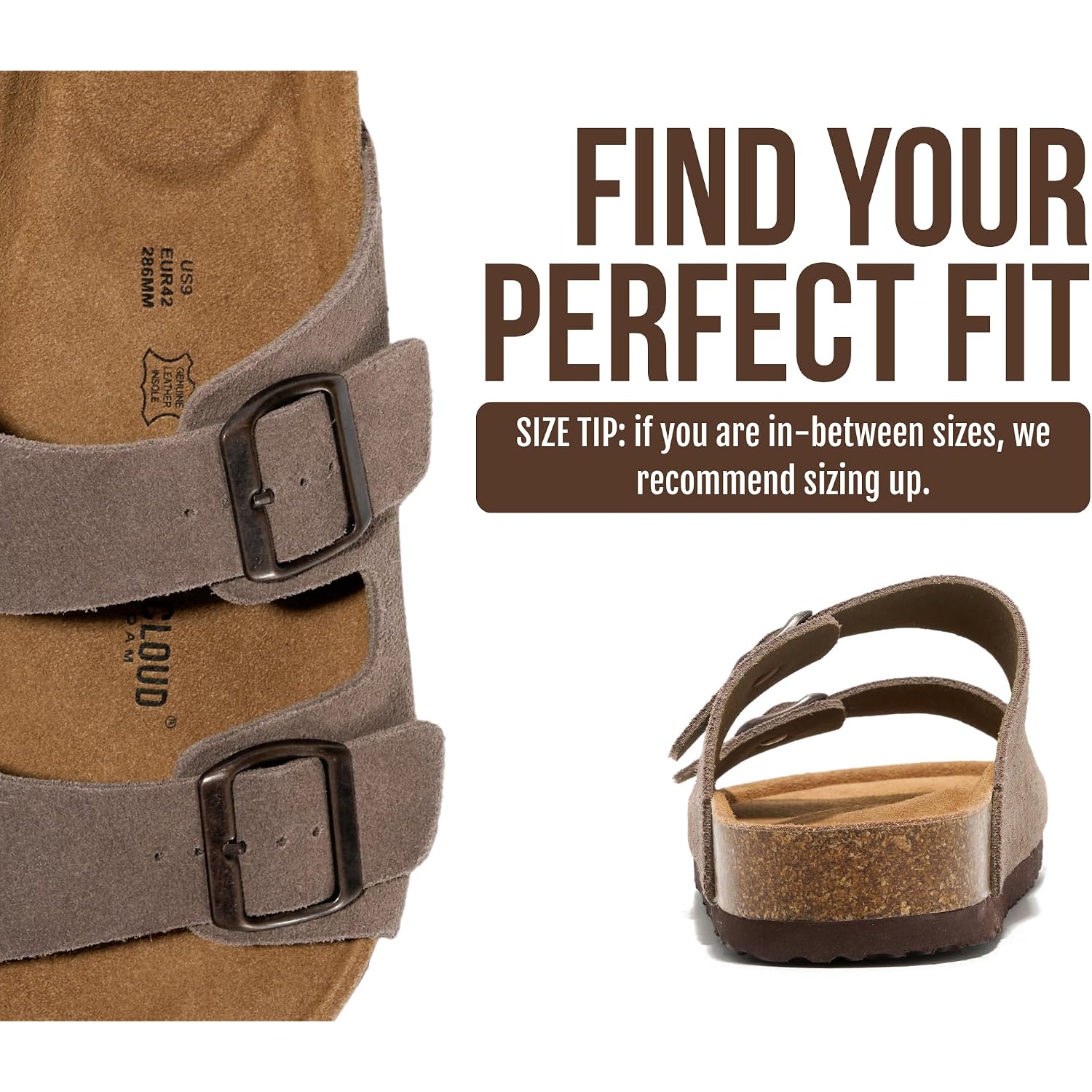 Project Cloud Mens Sandals 100% Genuine Leather - Memory Foam Insole & Cork Footbed Slides For Men Footwear - Non-Slip Summer Sandals For Men & Lightweight Mens Slides (Heritage)