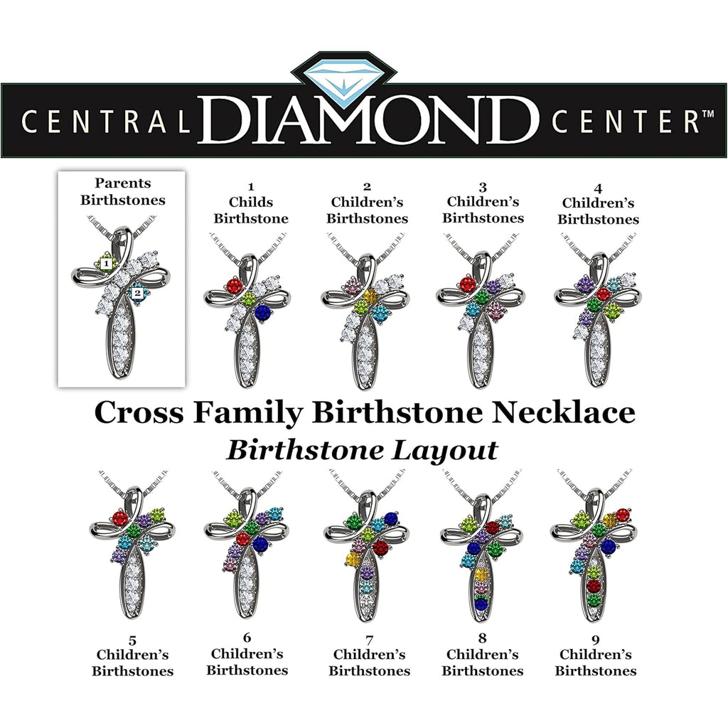 Central Diamond Center Family Cross Birthstone Mothers Necklace w/ 1 to 11 Simulated Birthstones in Solid 925 Sterling Silver