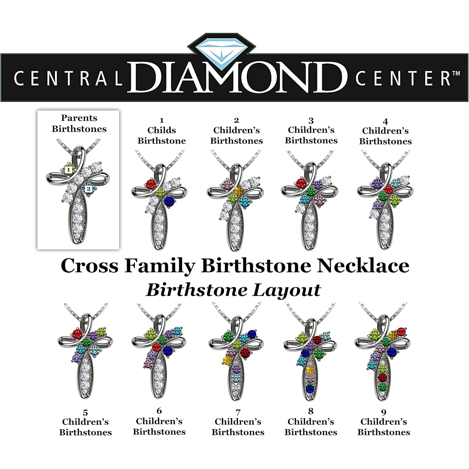 Central Diamond Center Family Cross Birthstone Mothers Necklace w/ 1 to 11 Simulated Birthstones in Solid 925 Sterling Silver