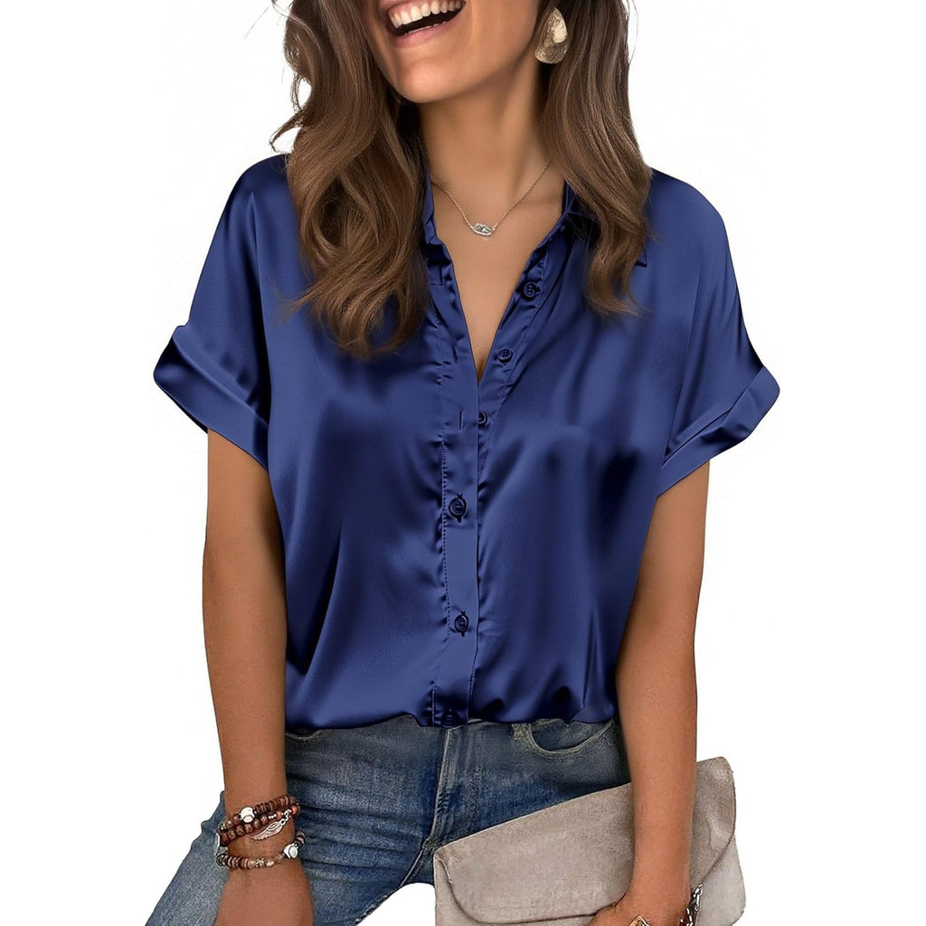 Womens Satin Blouse Short Sleeve Silk Tops Button Down Shirts Business Casual Outfits