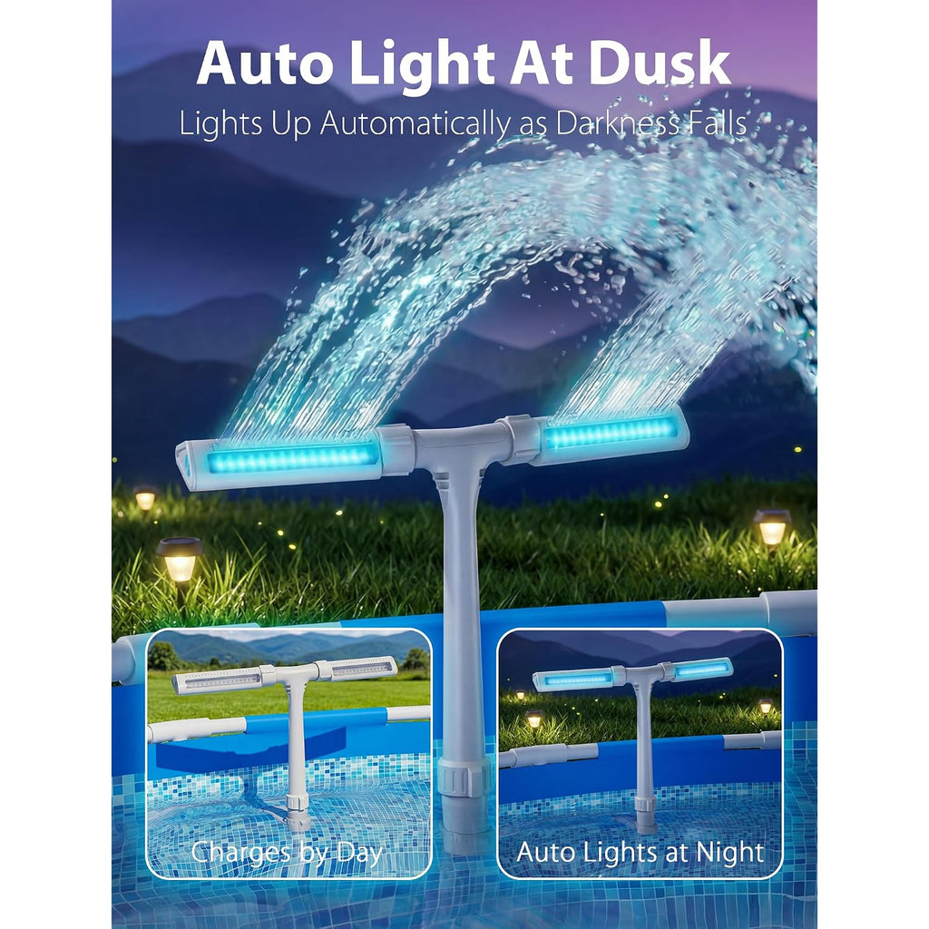 2026 Upgrade Height Solar Pool Fountain With 10-Color 4-Modes Led Lights, Auto Light-Sensing Sprinkler Waterfall For Above & Inground Pools With Remote, 360° Adjustable Dual Spray For Cooling (White)