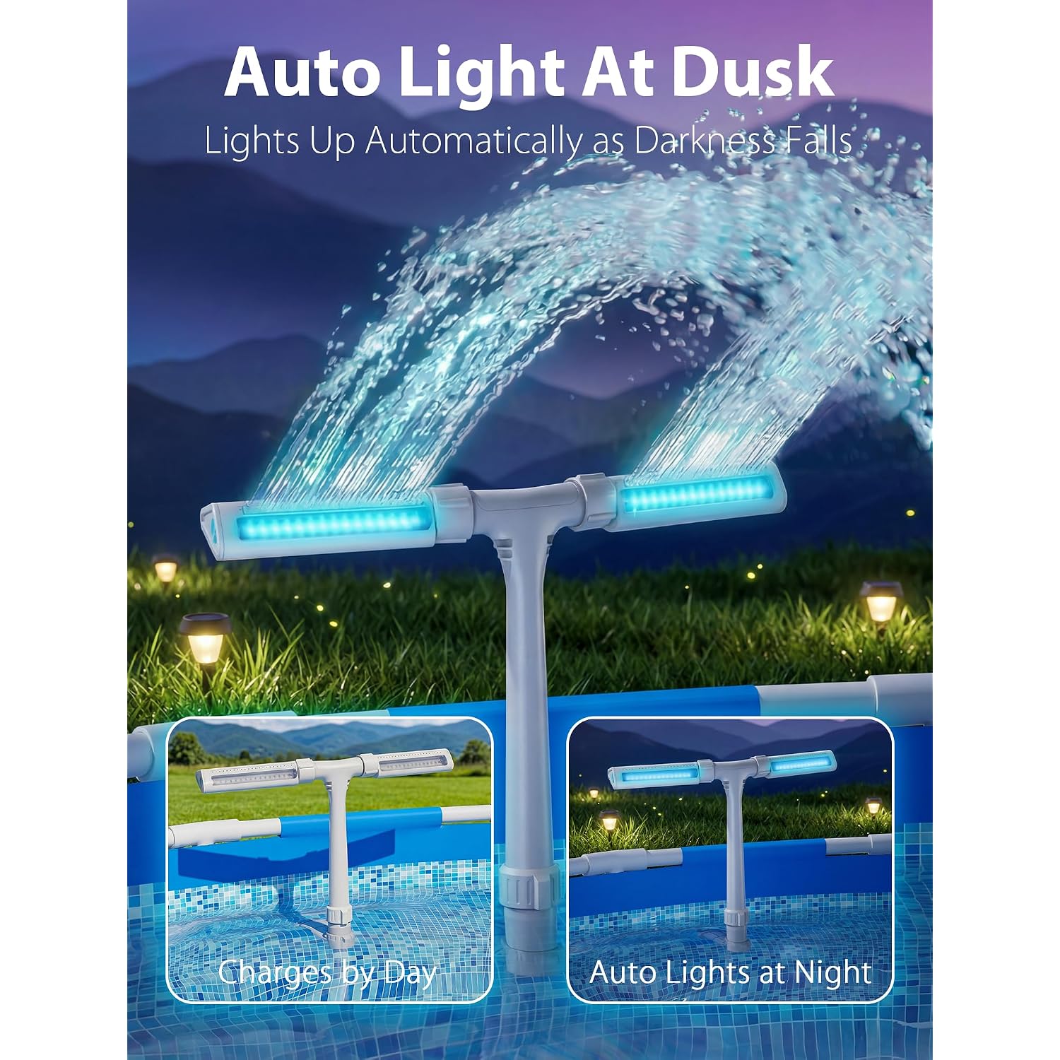 2026 Upgrade Height Solar Pool Fountain With 10-Color 4-Modes Led Lights, Auto Light-Sensing Sprinkler Waterfall For Above & Inground Pools With Remote, 360° Adjustable Dual Spray For Cooling (White)