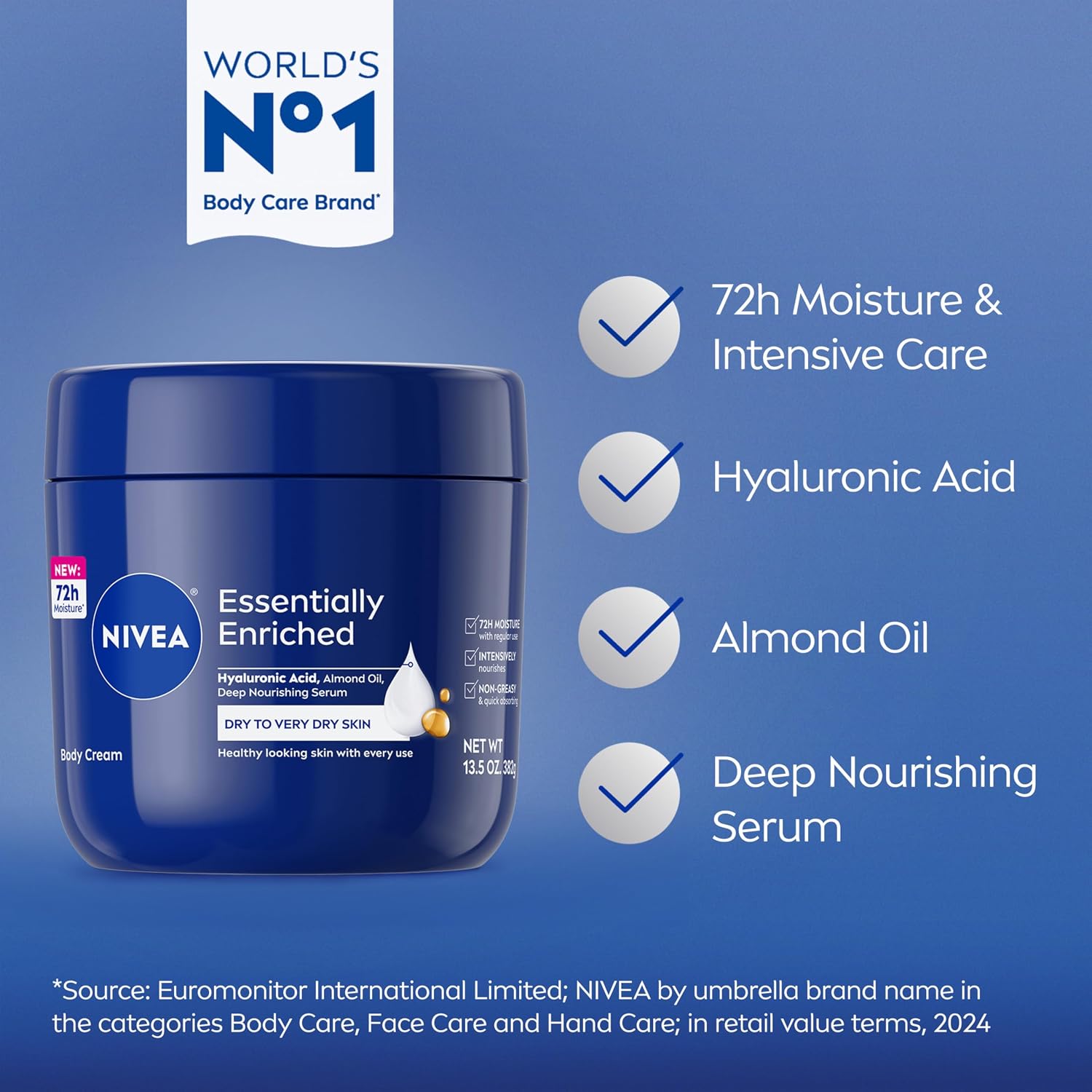Nivea Essentially Enriched Body Cream For Dry To Very Dry Skin With Hyaluronic Acid, Deep Nourishing Serum And Almond Oil, 72-Hour Body Moisturizer, 13.5 Oz Jar
