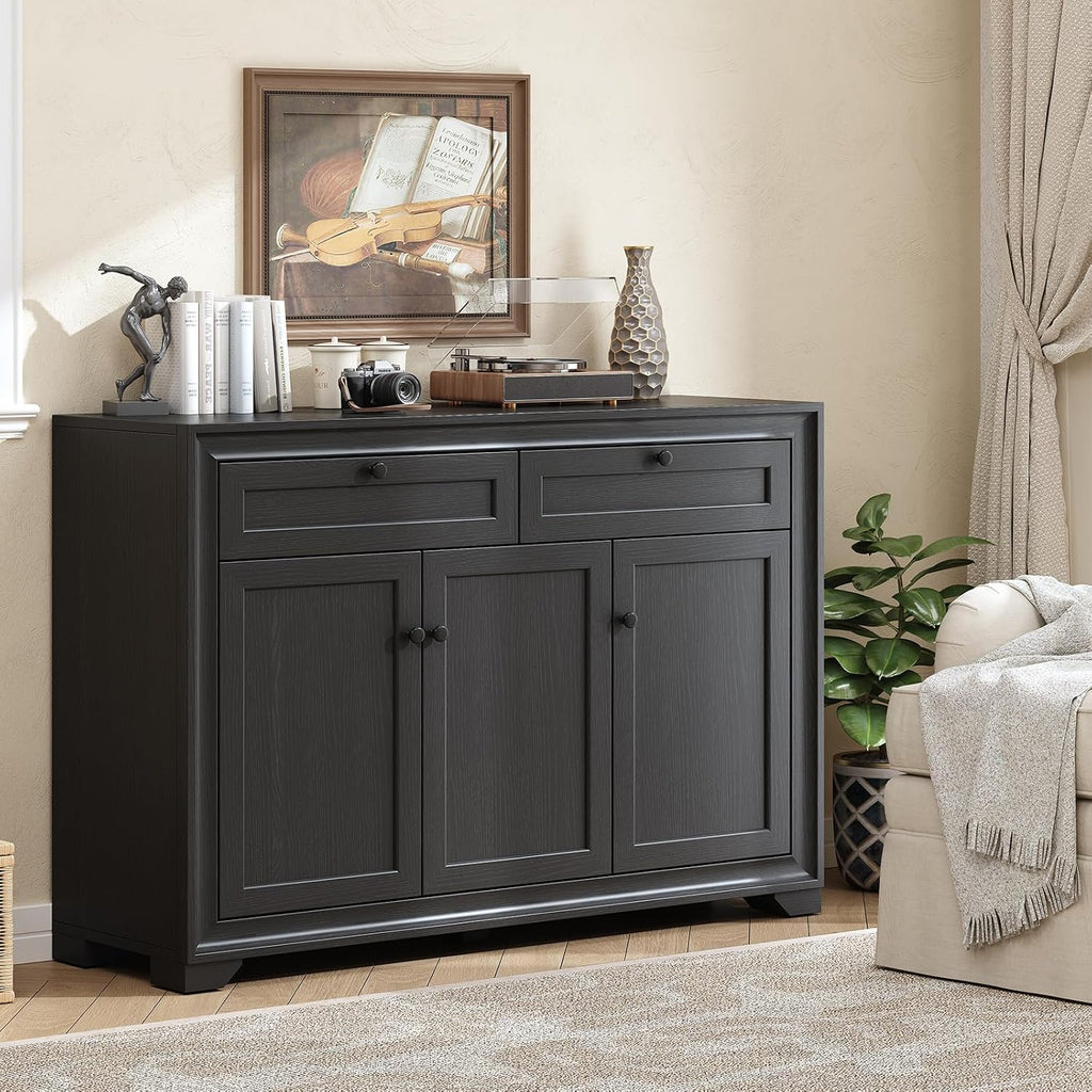 48 Inches Sideboard Buffet Cabinet With Storage, Farmhouse Sideboard With 2 Drawers And 3 Doors, Wood Coffee Bar Cabinet With Adjustable Shelves For Living Room, Kitchen, Hallway, Black