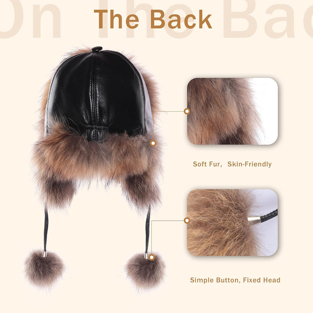 Fur Story Women's Fur Trapper Hat with Sheepskin Earflap Warm Hat Winter hat with Pom Pom