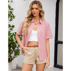 Rapbin Womens Short Sleeve Button Down Shirts Casual V Neck Collared Blouses Work Tops