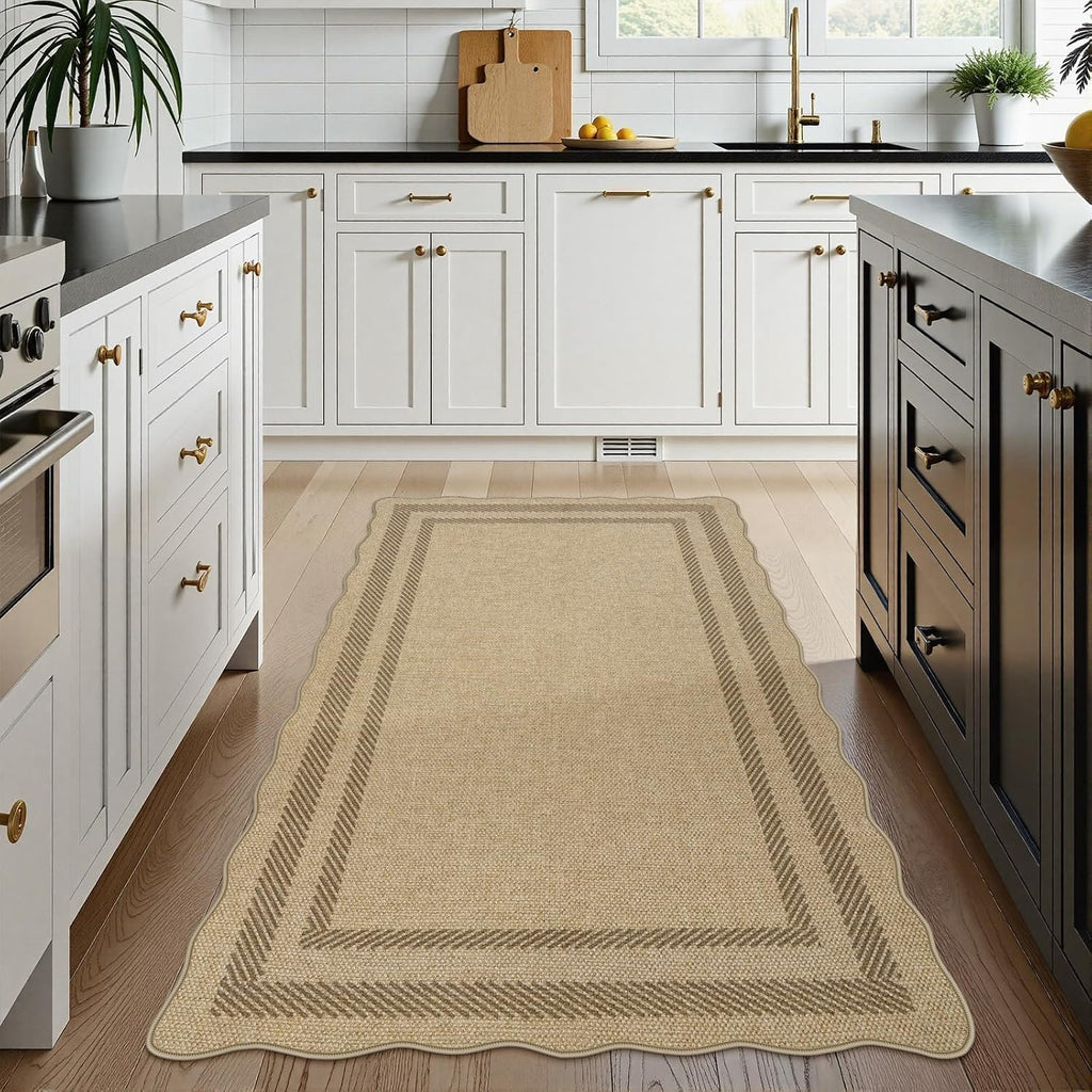 Livebox Scalloped Easy Jute 3X5 Outdoor Rug, Washable Non-Slip Geometric Tan Rugs For Entryway, Indoor Outdoor Farmhouse Rug Modern Carpet Door Mat Area Rug For Patio Bedroom Living Room Kitchen Porch