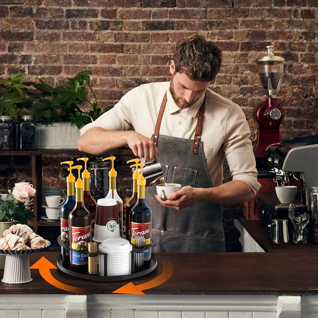 Coffee Syrup Organizer For 8 Bottles, Rotating Coffee Syrup Holder | Storage For Syrup Bottles, Cup And Lid, Stirrers, Wine Display, Syrup Rack Stand For Home, Kitchen, Coffee Bar Organizer