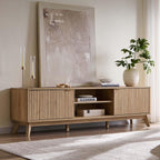Okd 70" Mid Century Modern Fluted Tv Stand W/ 2 Soft Close Door,Natural Oak | Entertainment Center, Sideboard, Media Console For Living Room With Adjustable Shelves