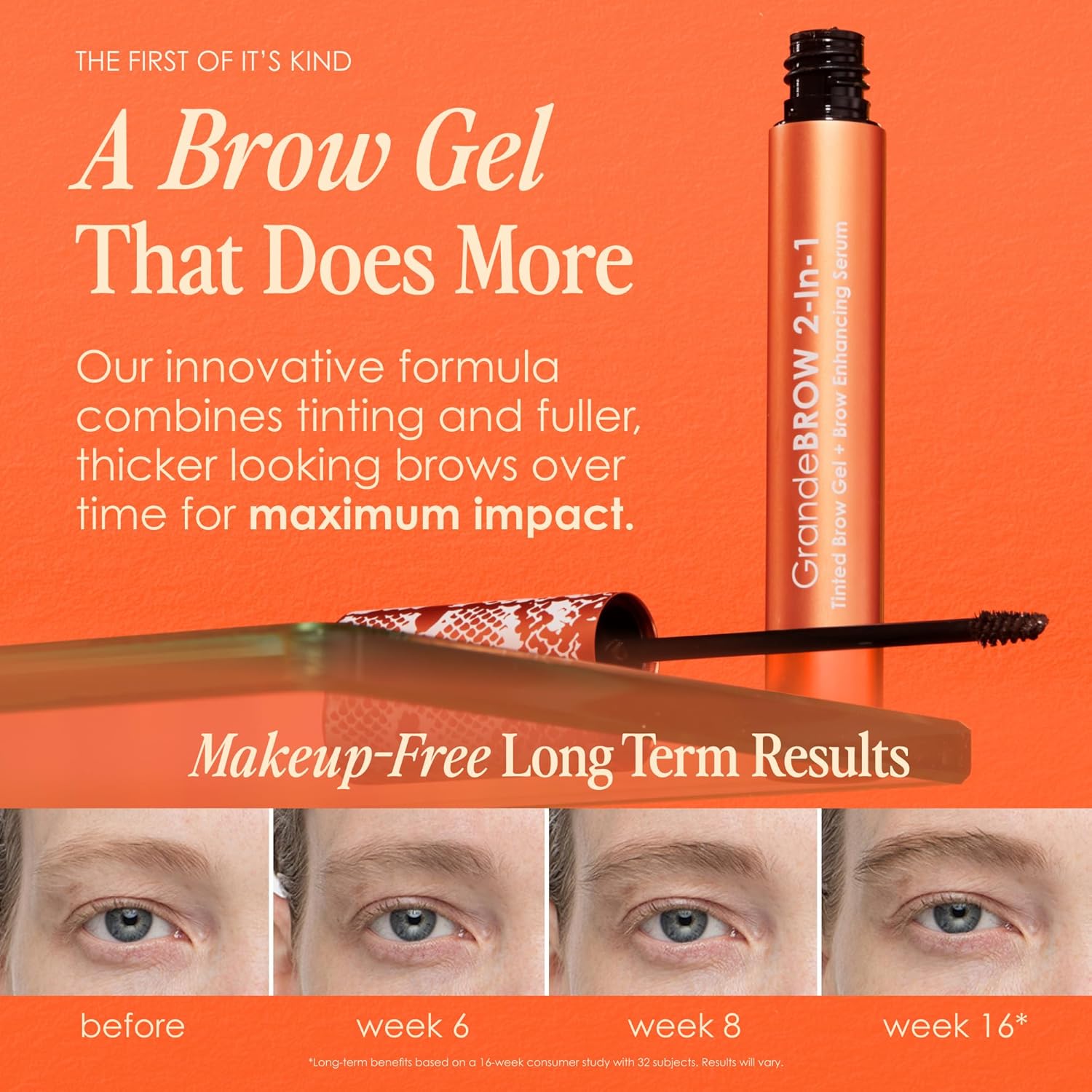 Grande Cosmetics GrandeBROW 2-in-1 Tinted Brow Gel + Brow Enhancing Serum for Thicker & Darker-Looking Eyebrows, Shape & Fill Brows, Long Wear, with Castor Oil & Mini Fibers