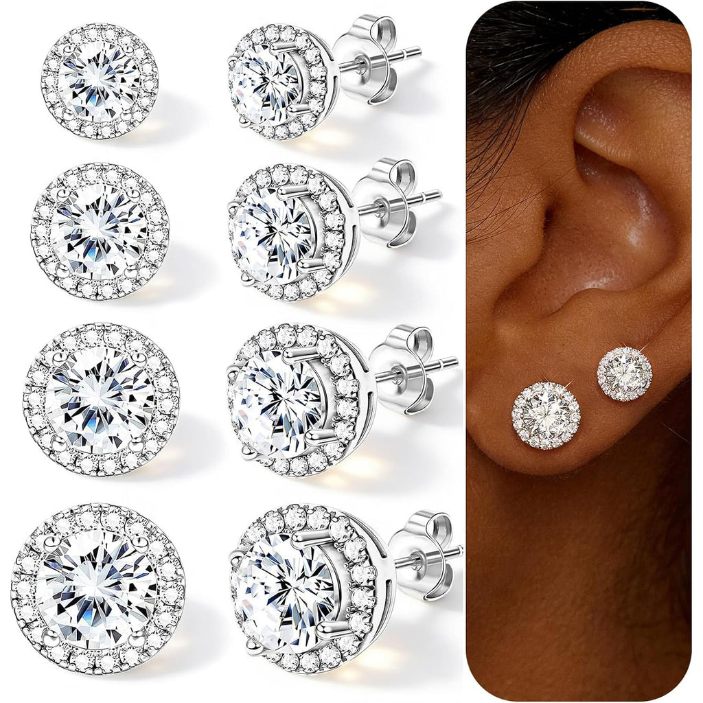 4 Pairs Silver Stud Earrings for Women, 18K Silver Plated Hypoallergenic Premium Cubic Zirconia Earrings, Halo Round Square Stud Earrings Set for Women Men