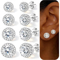 4 Pairs Silver Stud Earrings for Women, 18K Silver Plated Hypoallergenic Premium Cubic Zirconia Earrings, Halo Round Square Stud Earrings Set for Women Men