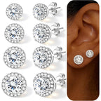 4 Pairs Silver Stud Earrings for Women, 18K Silver Plated Hypoallergenic Premium Cubic Zirconia Earrings, Halo Round Square Stud Earrings Set for Women Men