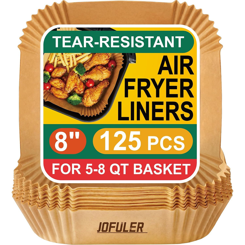 Disposable Air Fryer Liners 8 Inch, 125 Pcs Unbleached Parchment Paper For Air Fryer Basket, Non-Stick, Oil Resistant, Easy Cleanup, Square Liners For 5-8 Qt