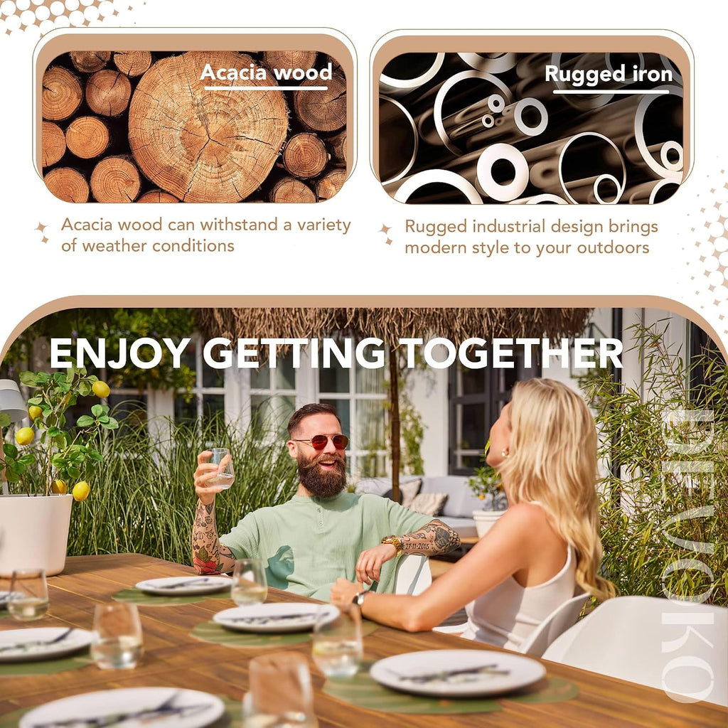 Devoko Home Acacia Wood Dining Table 6-Person Indoor Outdoor Table With Iron Legs, Sandblast Finish, Natural Stained, Rustic Metal, 69 * 33 * 30 Inch (Natural)