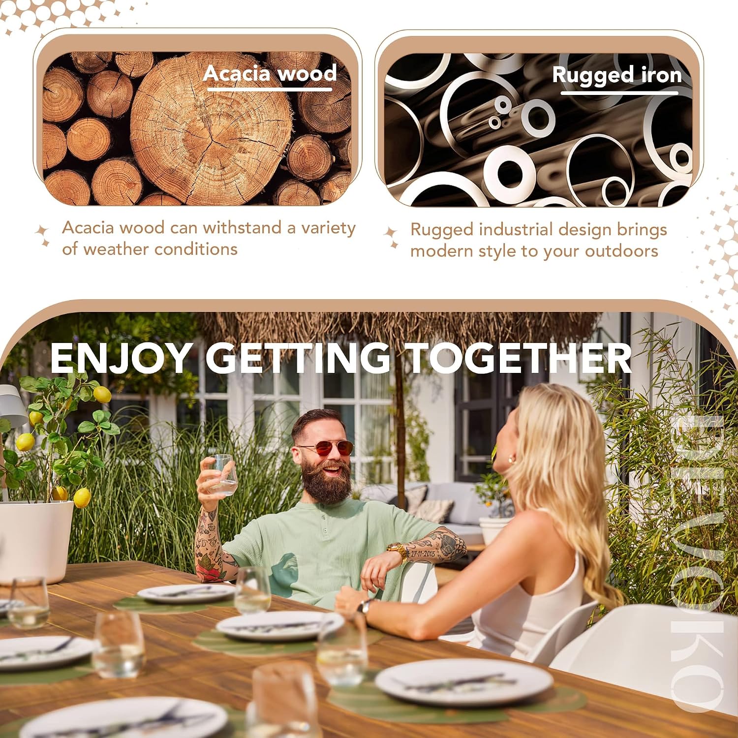 Devoko Home Acacia Wood Dining Table 6-Person Indoor Outdoor Table With Iron Legs, Sandblast Finish, Natural Stained, Rustic Metal, 69 * 33 * 30 Inch (Natural)