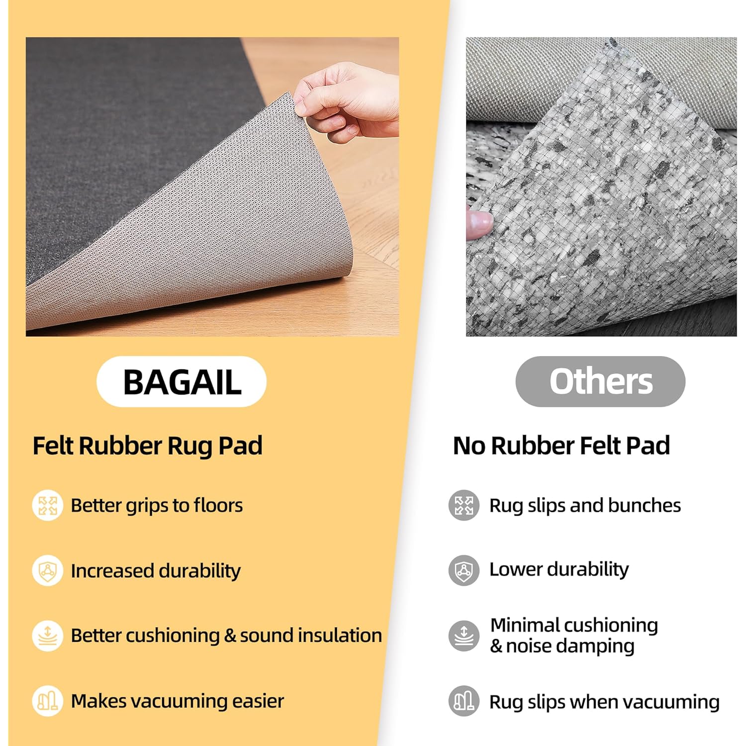 BAGAIL Felt and Natural Rubber Backing Rug Pads 1/4” Thick, 5 x 7 Ft Non Slip Carpet Gripper Keep Rugs in Place, Under Area Rug Protective Cushioned Pads, Carpet Runners, Hardwood Floors Protection
