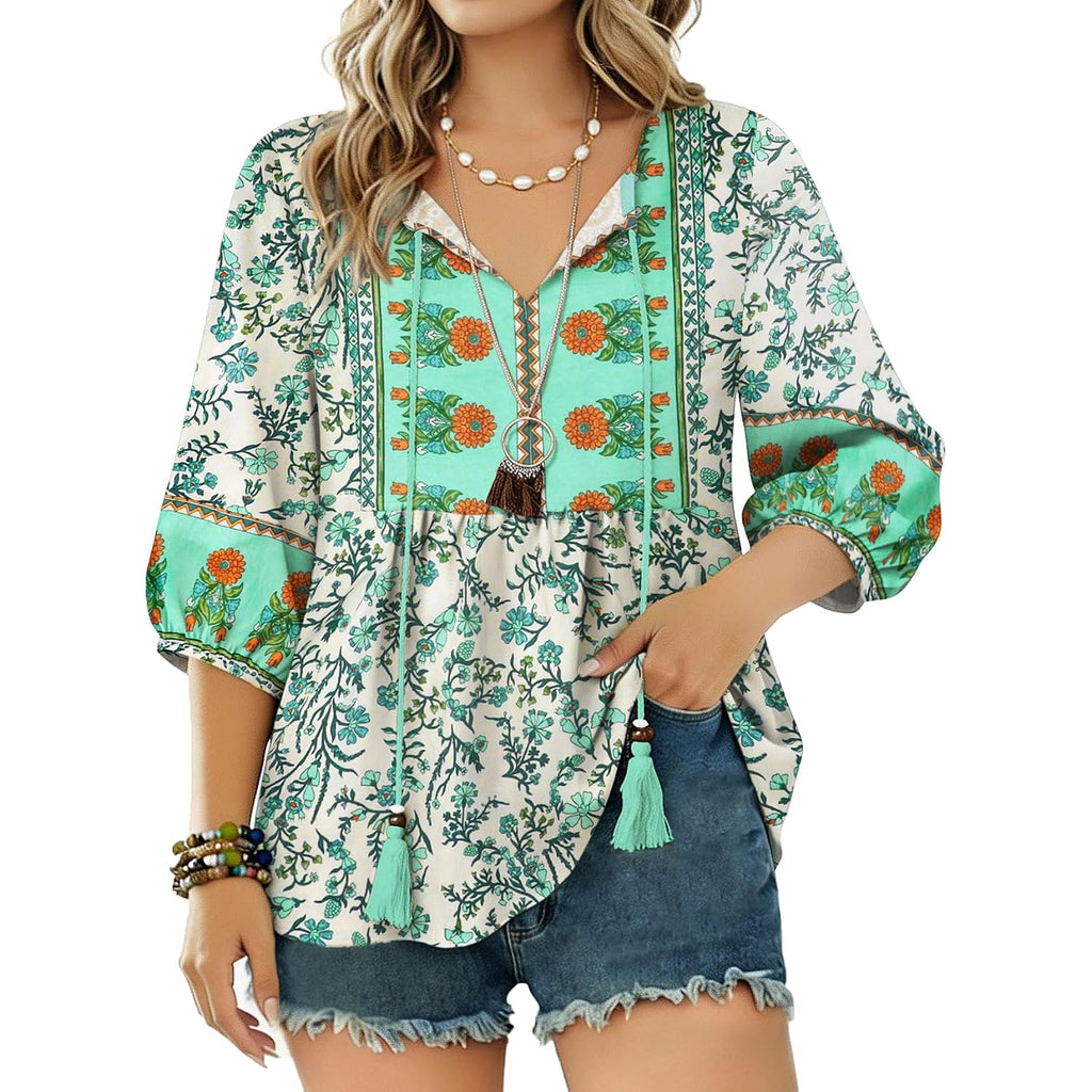 Boho Tops for Women Floral Print 3/4 Sleeve V Neck Blouse Pleated Flowy Vacation Casual Summer Tunic Blouses