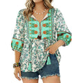 Boho Tops for Women Floral Print 3/4 Sleeve V Neck Blouse Pleated Flowy Vacation Casual Summer Tunic Blouses