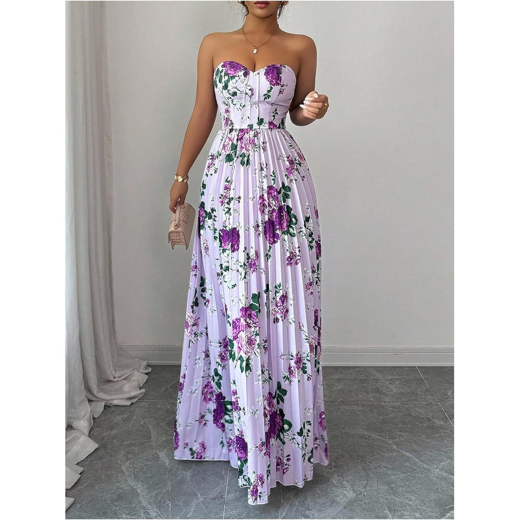 Oyoangle Women'S Summer Floral Wedding Guest Dress Jacquard Tube Sleeveless Pleated A Line Cocktail Party Prom Dress
