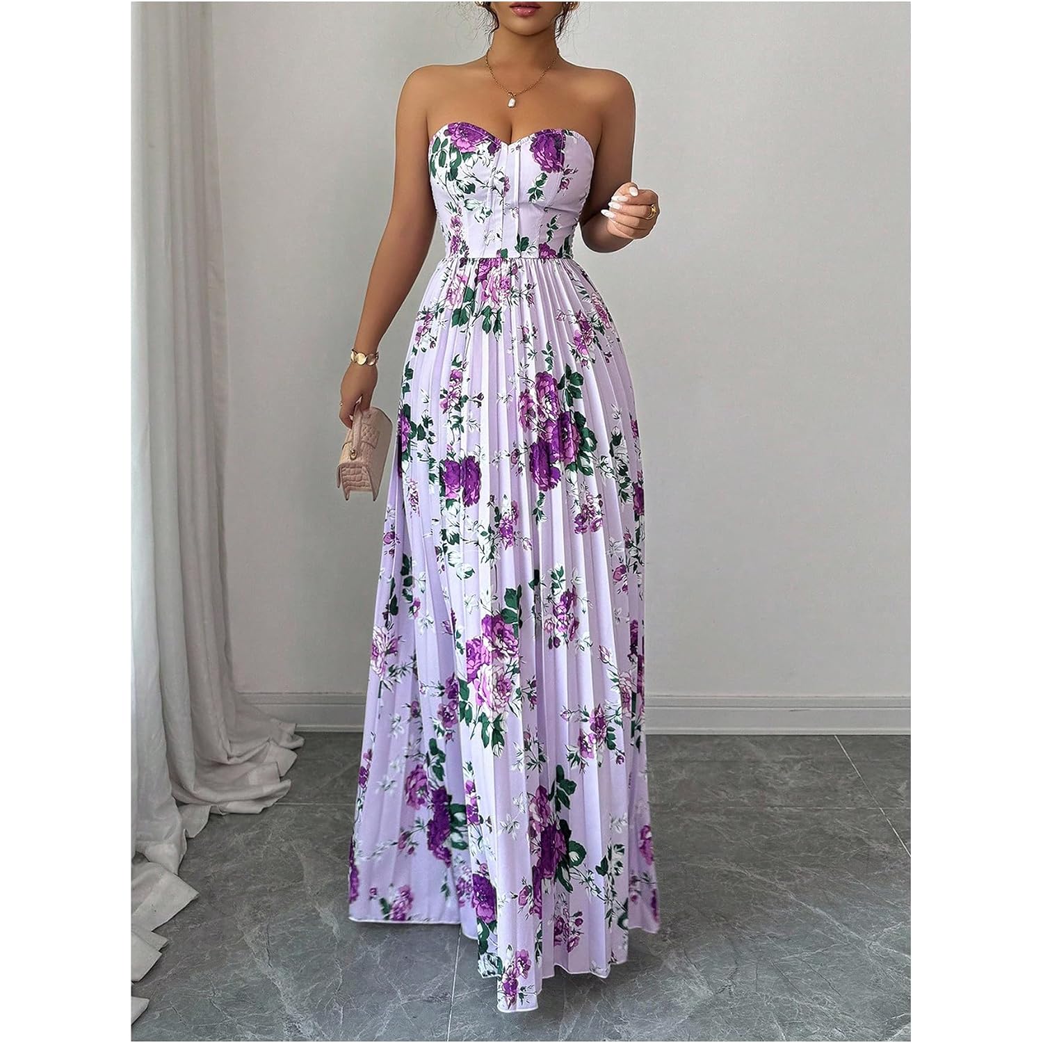 Oyoangle Women'S Summer Floral Wedding Guest Dress Jacquard Tube Sleeveless Pleated A Line Cocktail Party Prom Dress