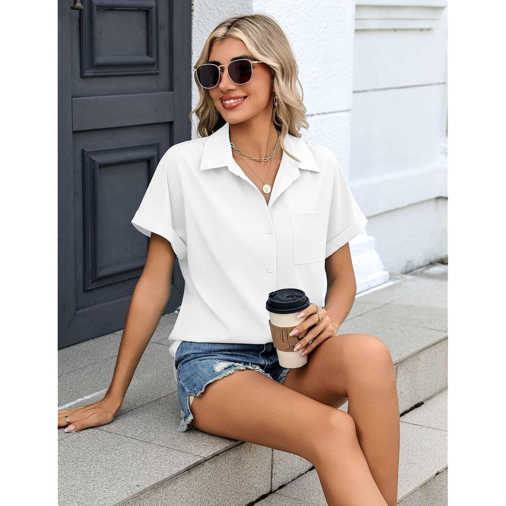 Womens Button Down Shirt Short Sleeve Blouse V Neck Dressy Casual Business Work Tops with Pocket S-XXL