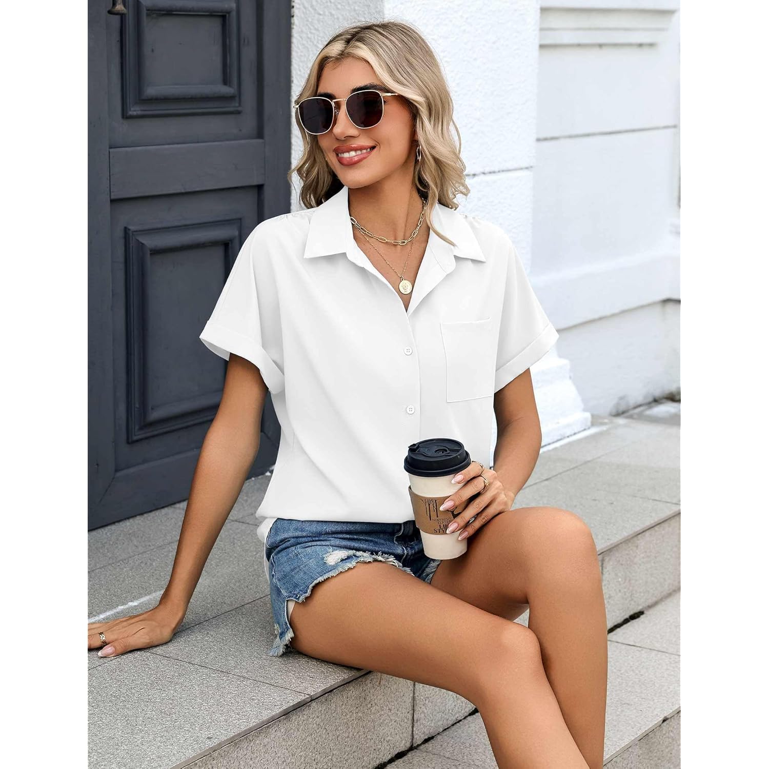 Womens Button Down Shirt Short Sleeve Blouse V Neck Dressy Casual Business Work Tops with Pocket S-XXL