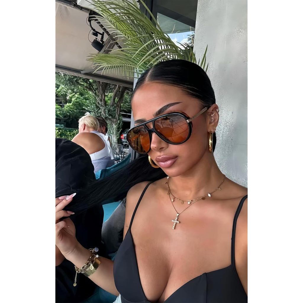 GUVIVI Retro Gold Aviator Sunglasses for Women Men, 2026 Metal Oversized 70s Aviators Black Vacation Beach Sun Glasses