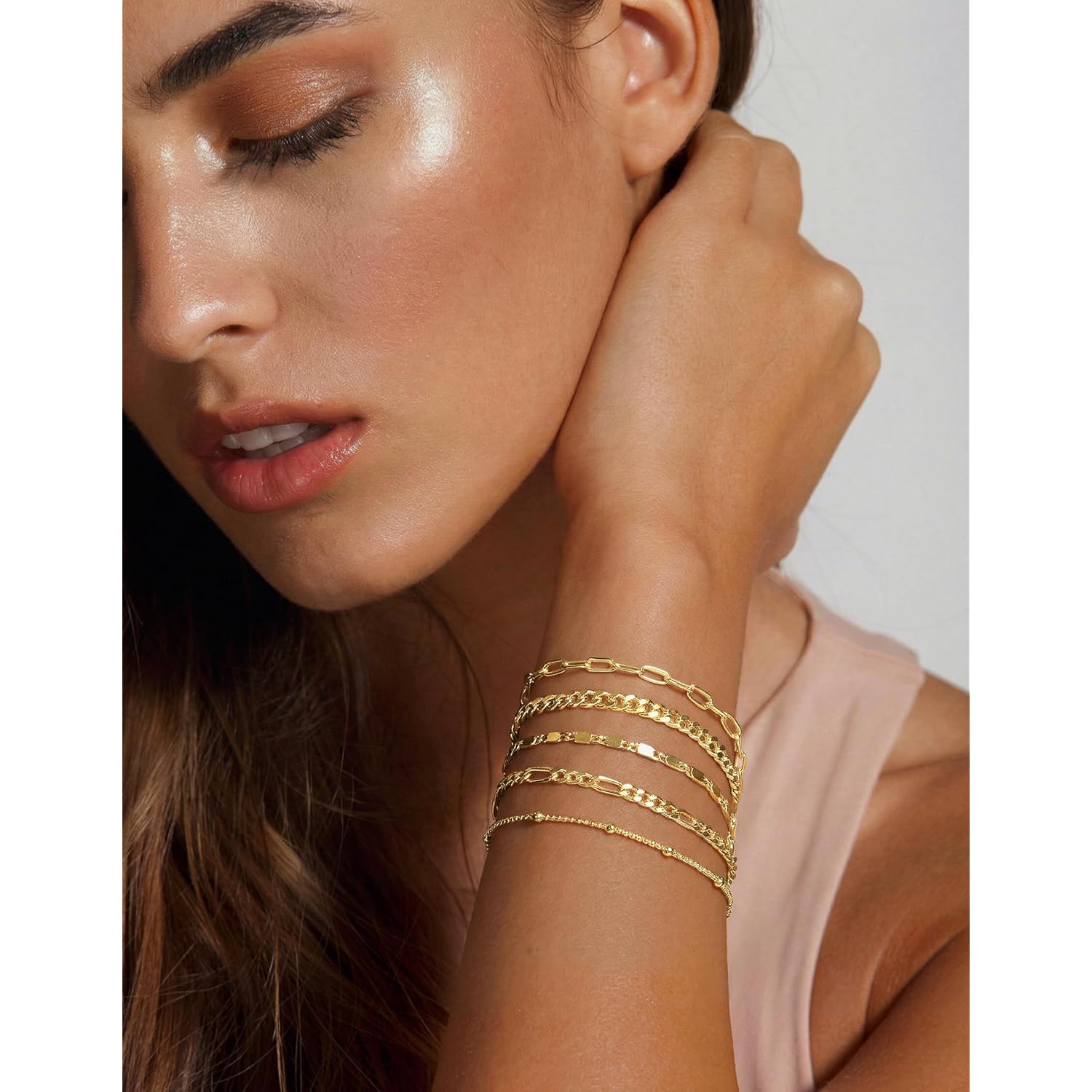 Gokeey Gold Bracelets Set for Women Non Tarnish Trendy,14K Gold Plated Dainty Stackable Paperclip Cuban Link Chain Bracelets, Simple Cute Cuff Bracelets Jewelry Set Adjustable 7"+2"