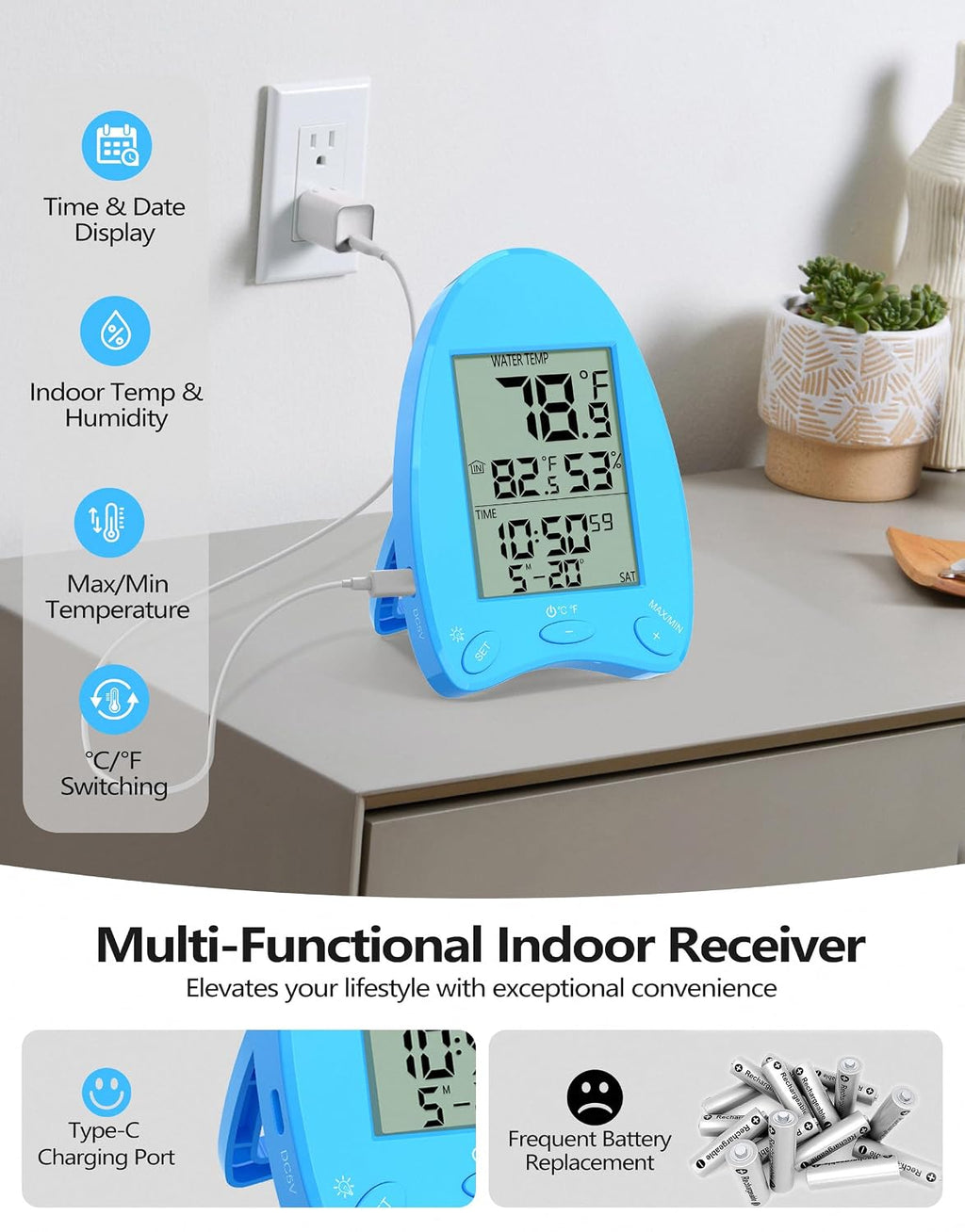 Poolleader Solar Powered Wireless Pool Thermometer With Dynamic Light Show | Dual Backlit Display For Easy Read, 650Ft Transmission, ±0.5℉ Accuracy, Ip68 Waterproof Pool Temperature Guage For Hot Tub