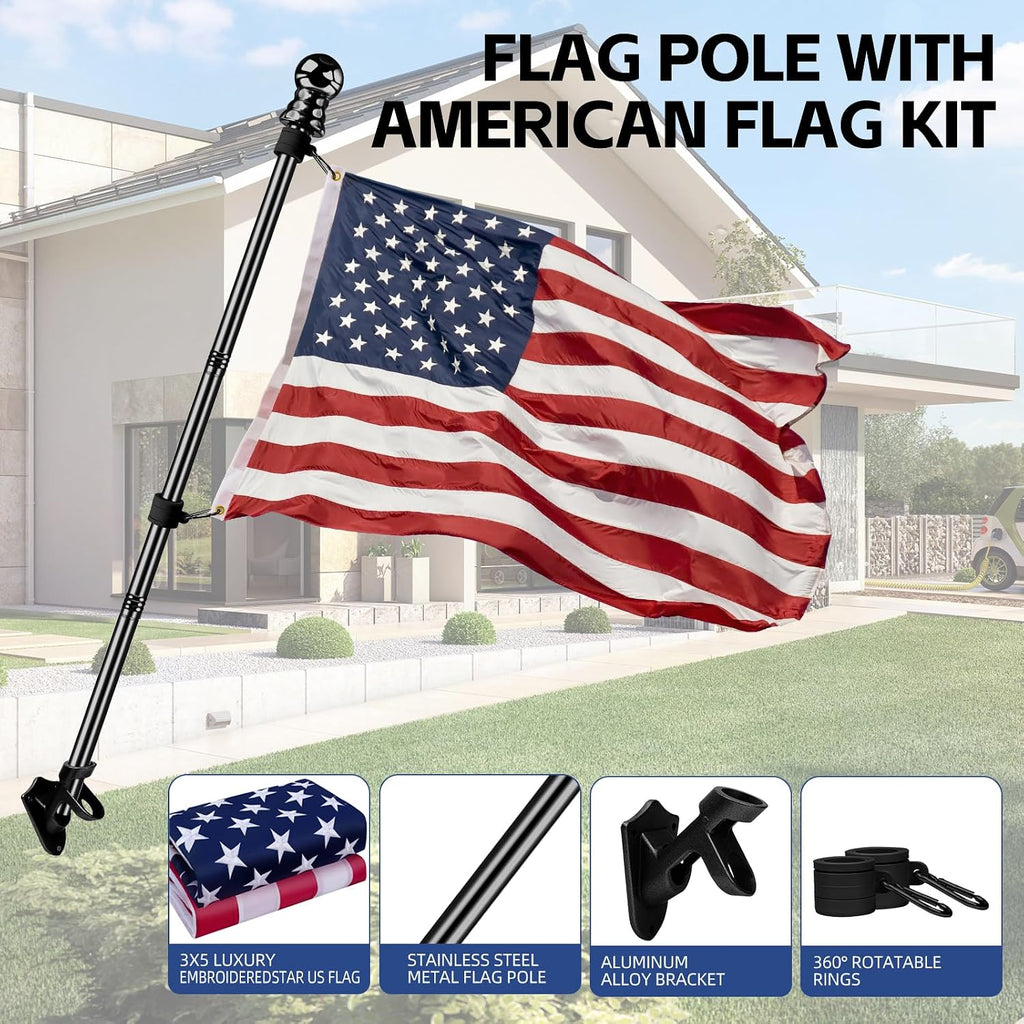 American Flag With Pole For House Outside, Including 5Ft Heavy Duty Flag Aluminum Poles Kit And 100% Polyester 3X5 Ft Us Flag, No Tangle Spinning Pole And Multi-Position Flag Pole Bracket