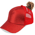 Criss Cross Hat Washed Distressed Baseball Cap Ponytail Hat High Messy Bun Ponycap for Women Glitter-red