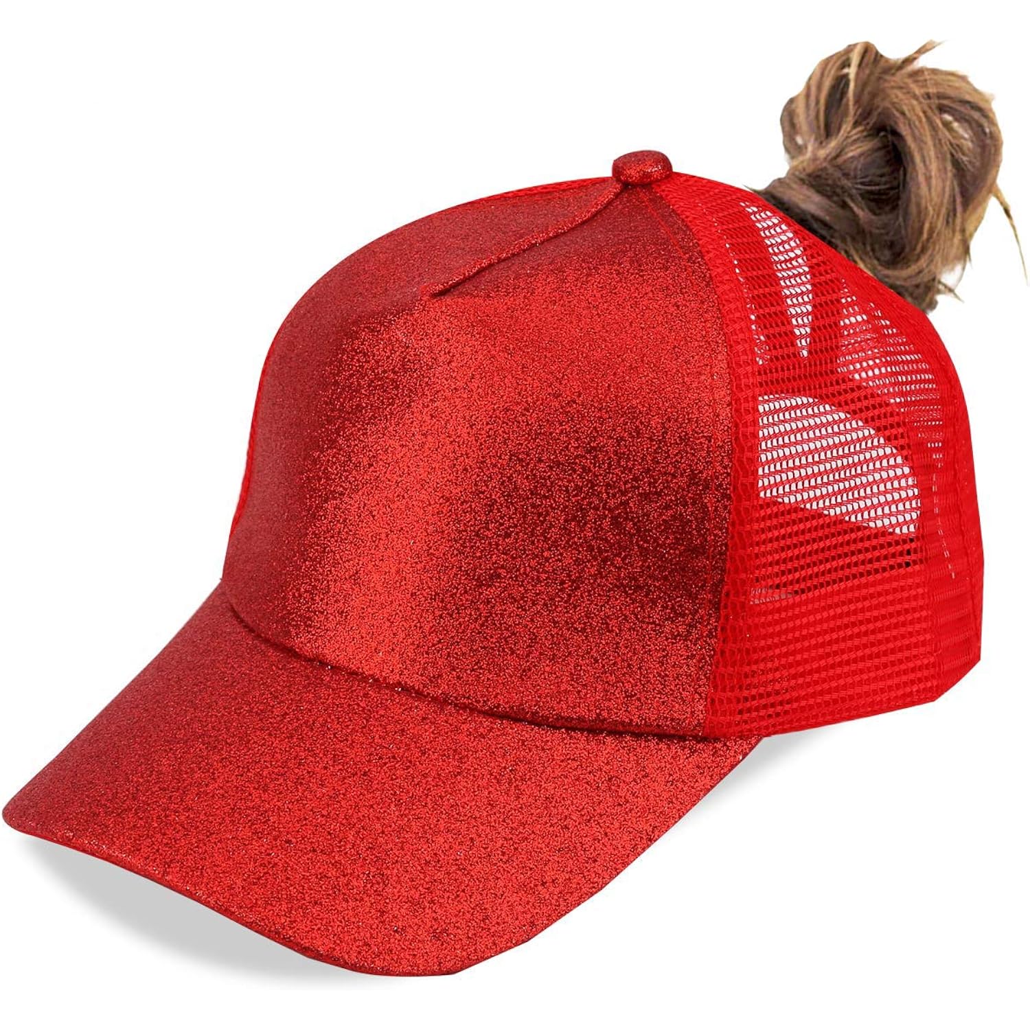 Criss Cross Hat Washed Distressed Baseball Cap Ponytail Hat High Messy Bun Ponycap for Women Glitter-red
