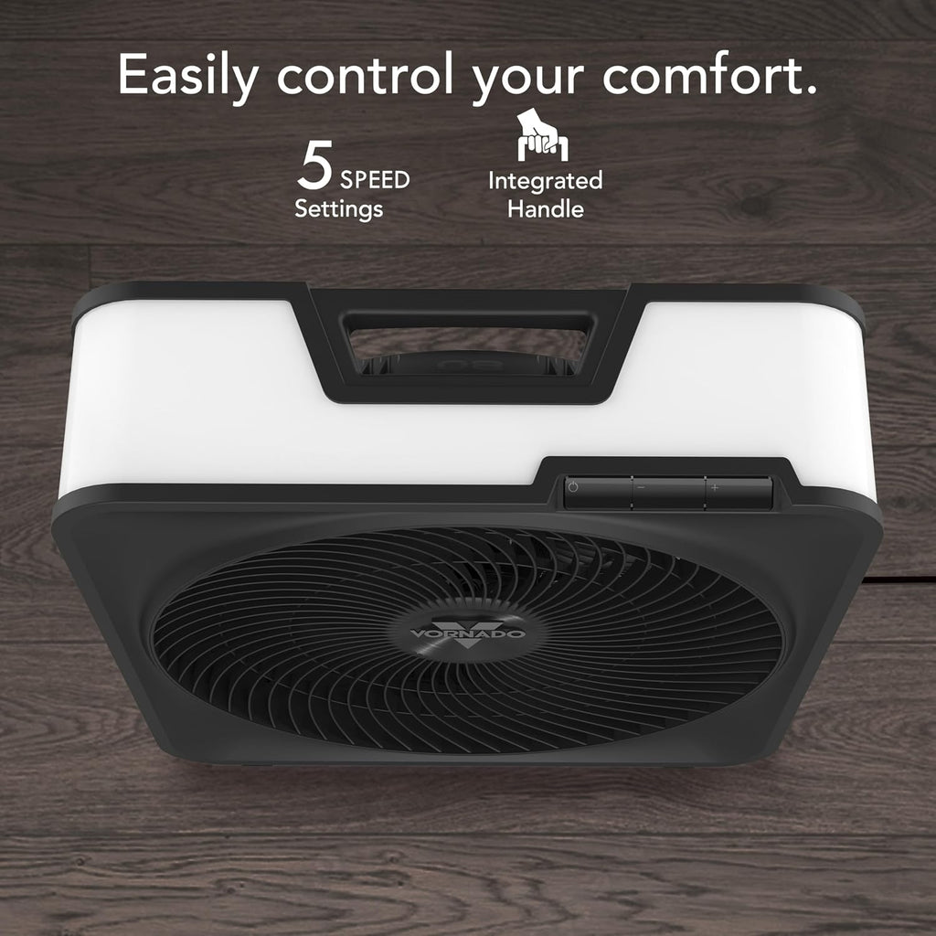 Vornado Model 80 High Velocity Electric Box Fan With Removable Grille, 5 Speed Settings, Powerful Airflow, Whole Room Air Circulation, Targeted Cooling, Cord Storage, Durable Floor Fan, Ice White