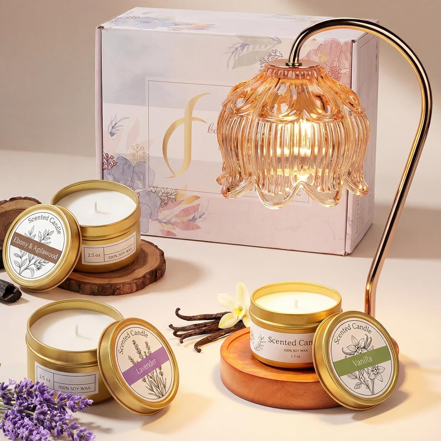 Funistree Candle Warmer Lamp Gift Set with 3 Jar Candles & Gift Box, Gifts for Women Mothers Day Birthday, Mom Sister Friend Gift, Lavender, Vanilla, Ebony, 2 Bulbs
