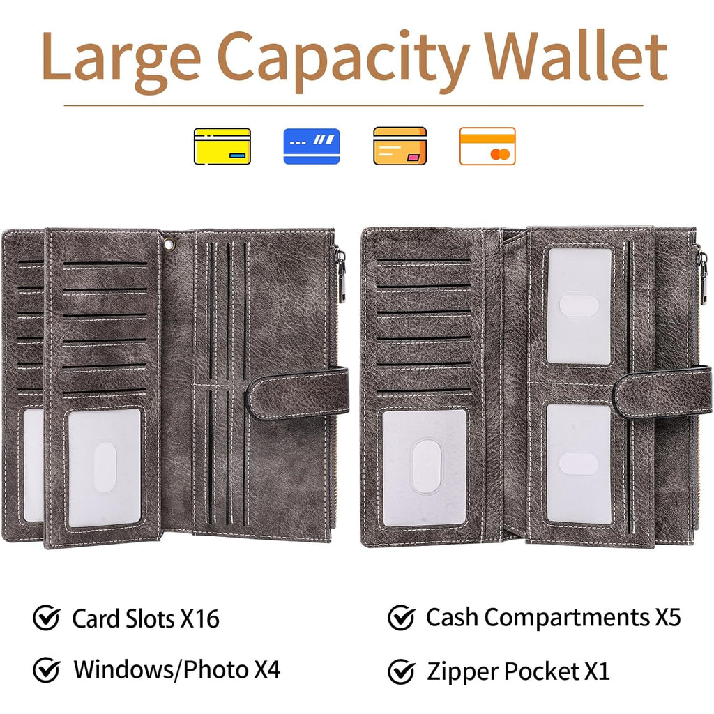 XINNSTAR Womens Wallet RFID Blocking Large Capacity Credit Card Holder Long Purses for Women with Wristlet Pocket ID Window