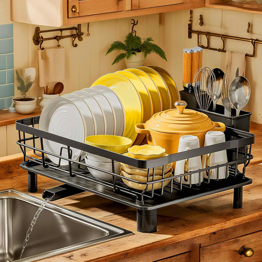 Dish Drying Rack, Dish Rack, Stainless Steel Dish Racks For Kitchen Counter, Dish Drainer With Removable Utensil Holder, Drainboard (Black,13''W X 17''L)