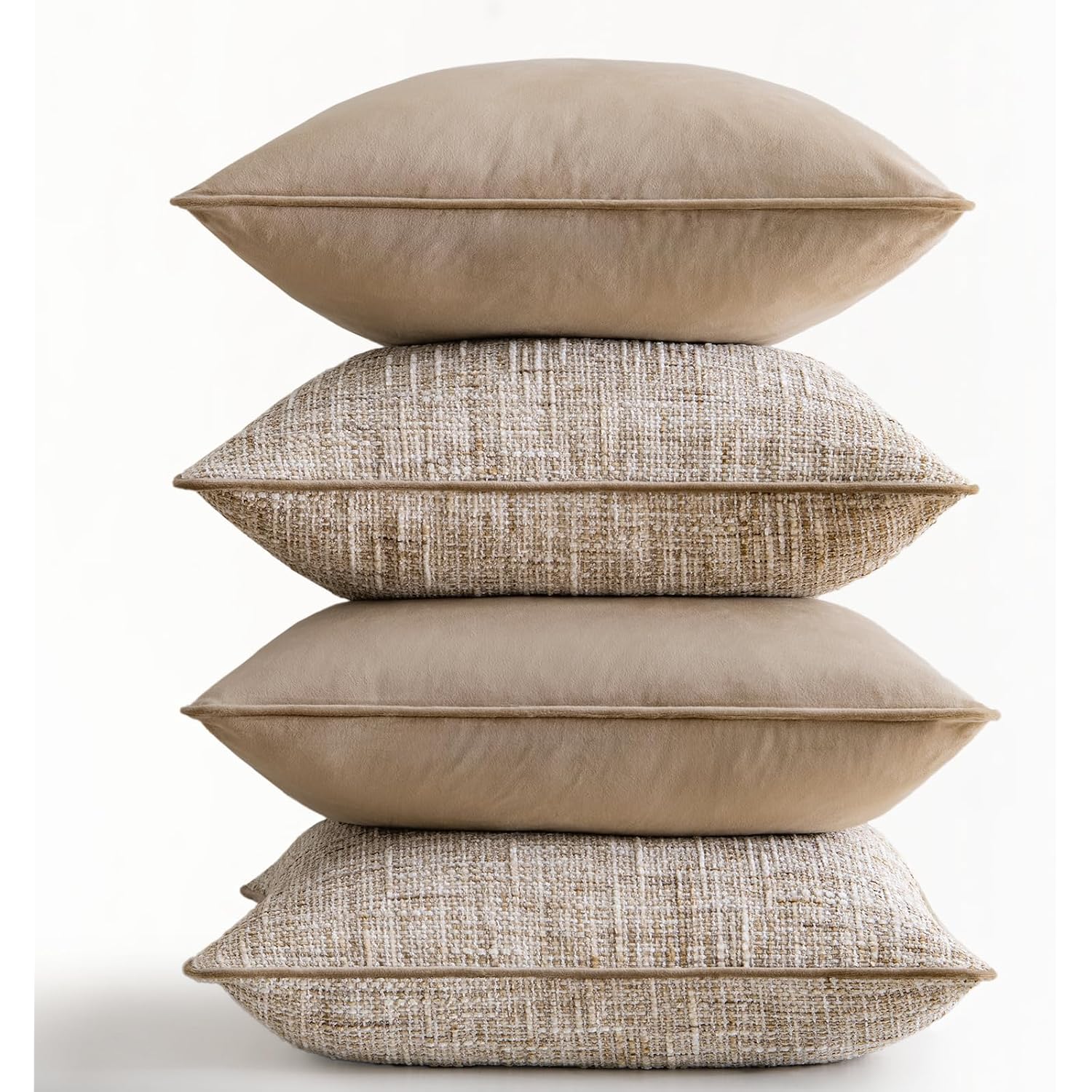 Khaki 4 Pack Throw Pillow Covers - Chenille & Velvet Set With Piping, Farmhouse Textured Design Cushion Cases For Couch Sofa Bed (18X18 Inch, No Insert)