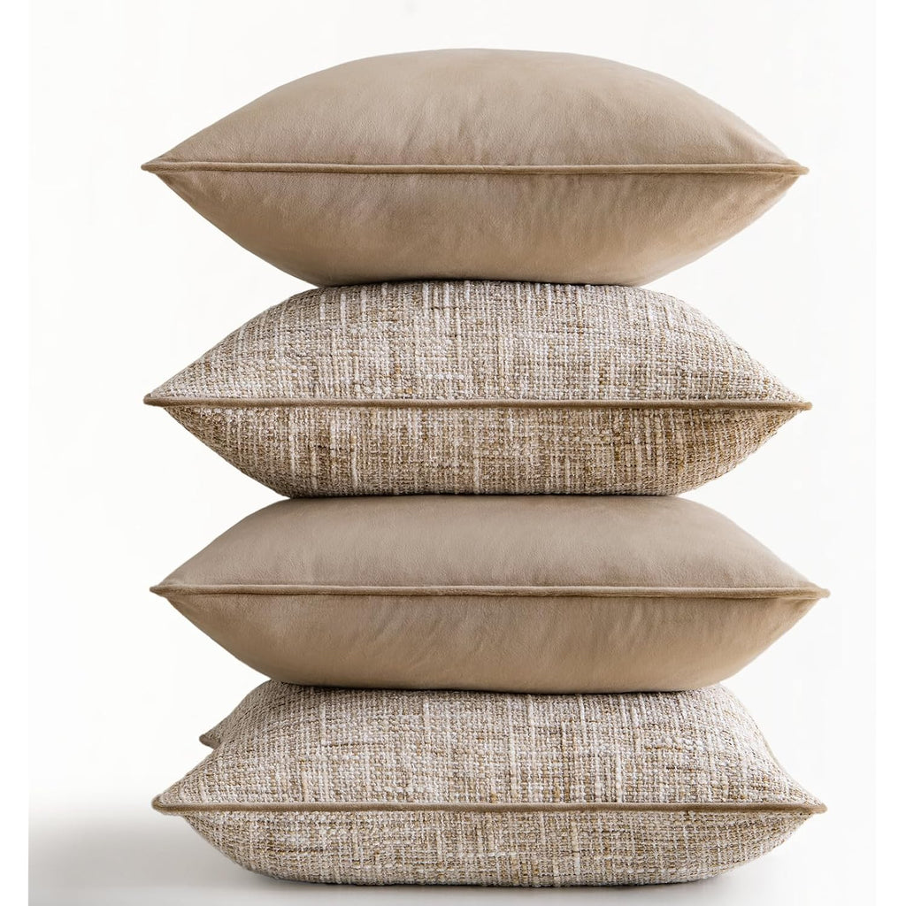 Khaki 4 Pack Throw Pillow Covers - Chenille & Velvet Set With Piping, Farmhouse Textured Design Cushion Cases For Couch Sofa Bed (18X18 Inch, No Insert)