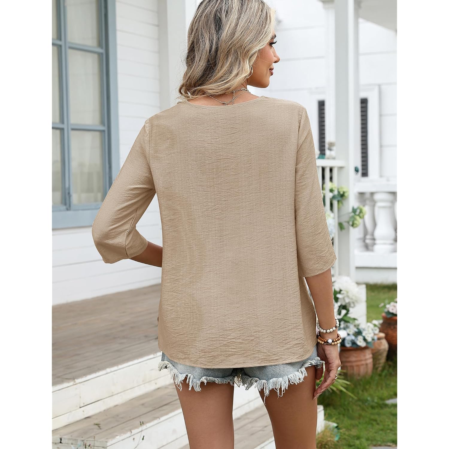 Lomon Women'S 3/4 Length Sleeve Boho Tops V Neck Lace Summer Outfits Dressy Casual Flowy Shirts Vacation Clothes Blouses