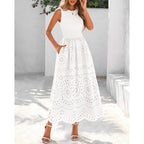 Dowerme Women Summer Dresses 2026 Casual Sleeveless Crewneck A-Line Boho Lace Eyelet Cotton Tank Maxi Dress With Pockets